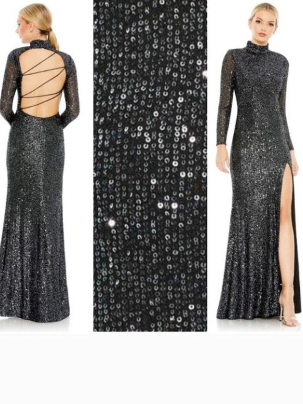 New Mac Duggal Black Sequin Long Sleeve Trumpet Gown Lace Up Back #42014 Sz 4